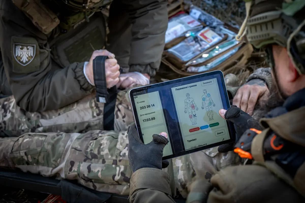 Ukrainian military medics using the Army Health System tablet application in the field.
