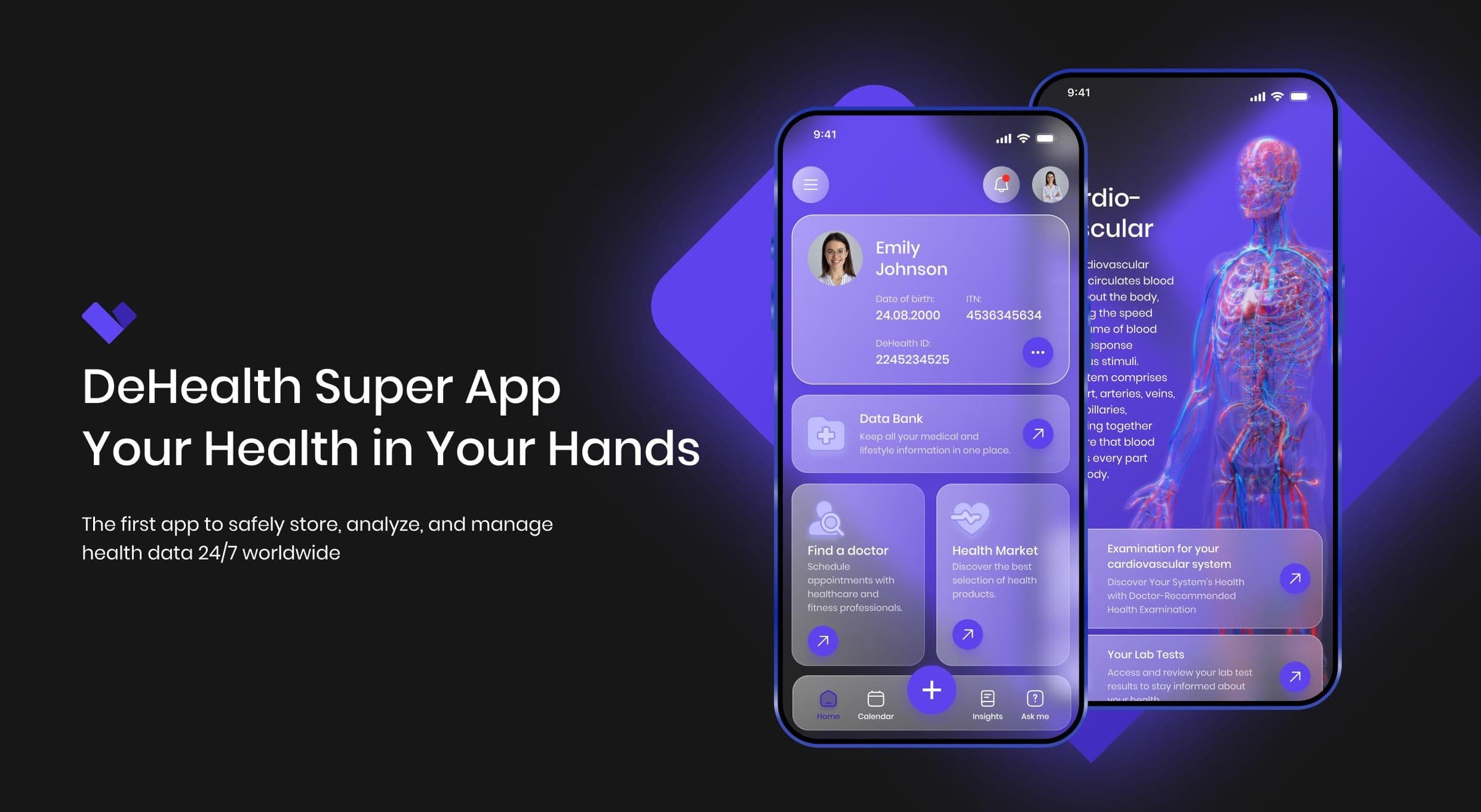 DeHealth Super App — your health in your hands: the app on two phones over a purple diamond.